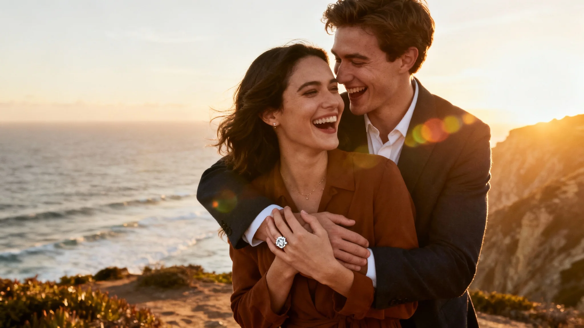 A stunning engagement photo of a happy young couple embracing on a cliff overlooking the ocean at sunset.