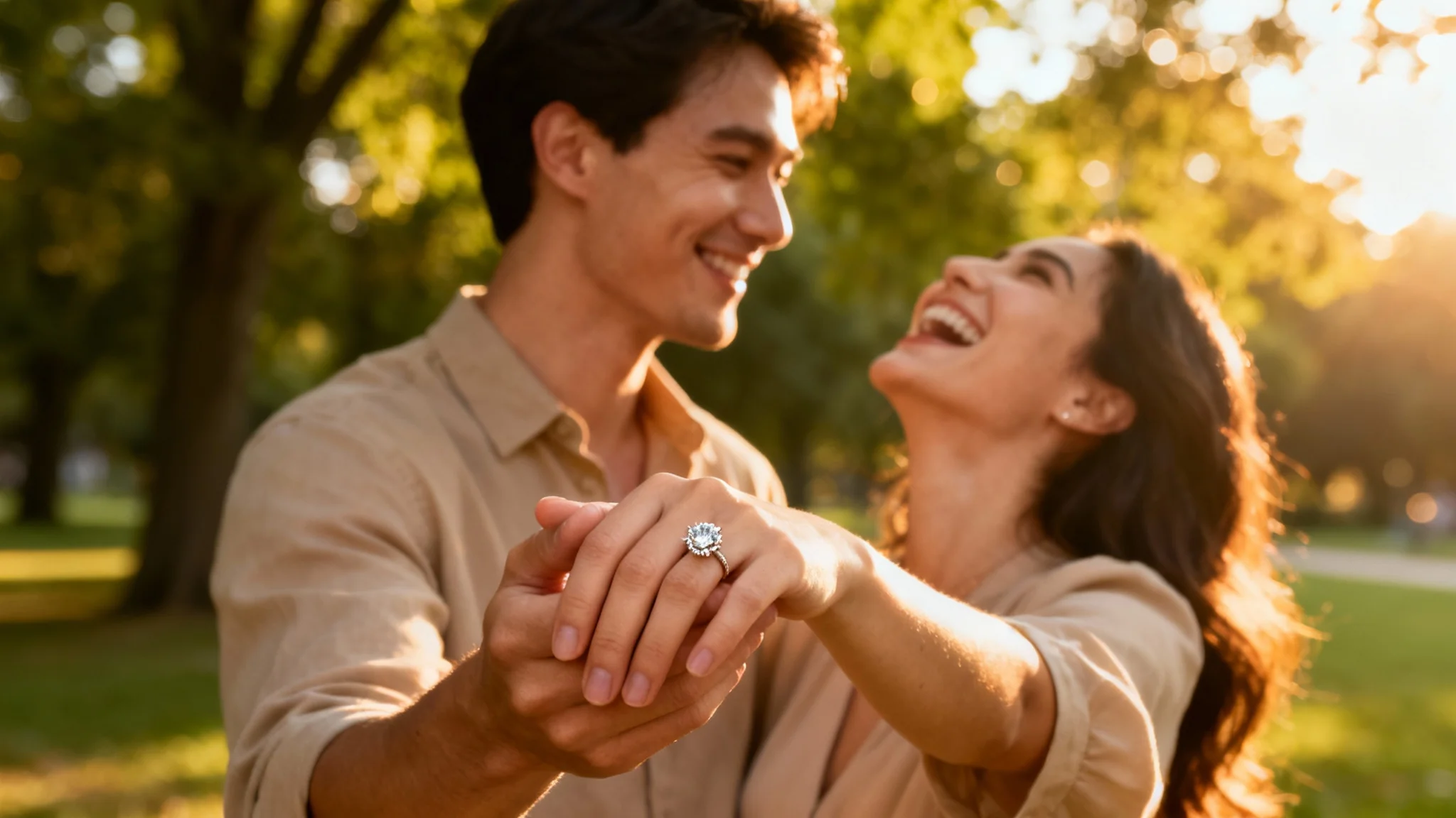A joyful couple in a park at sunset, captured in a professional engagement photo. The man is holding the woman's hand, showing her engagement ring, as she laughs happily.