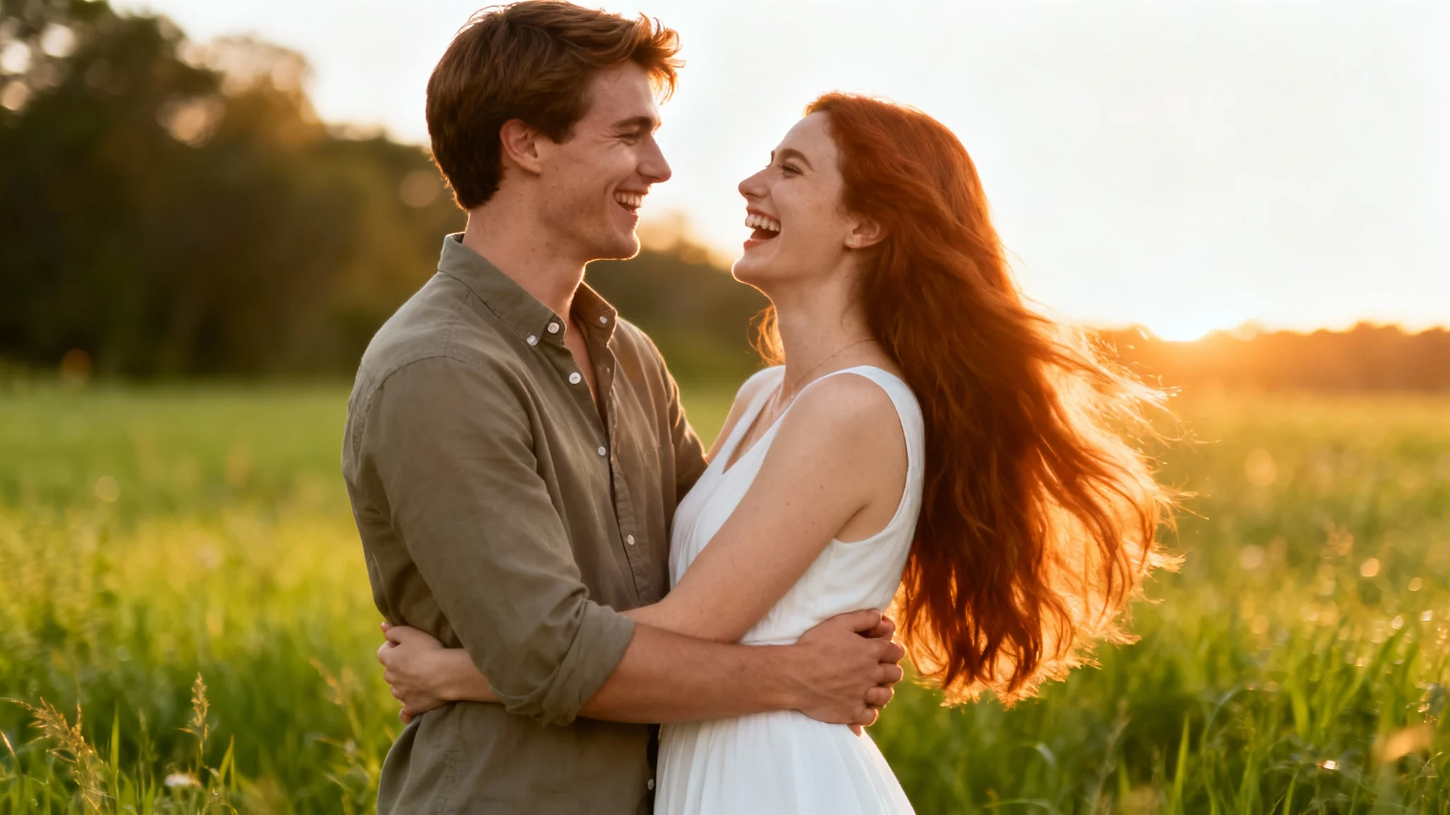 A romantic engagement photo of a happy couple laughing and embracing in a field at sunset, presented as a high-quality mockup.
