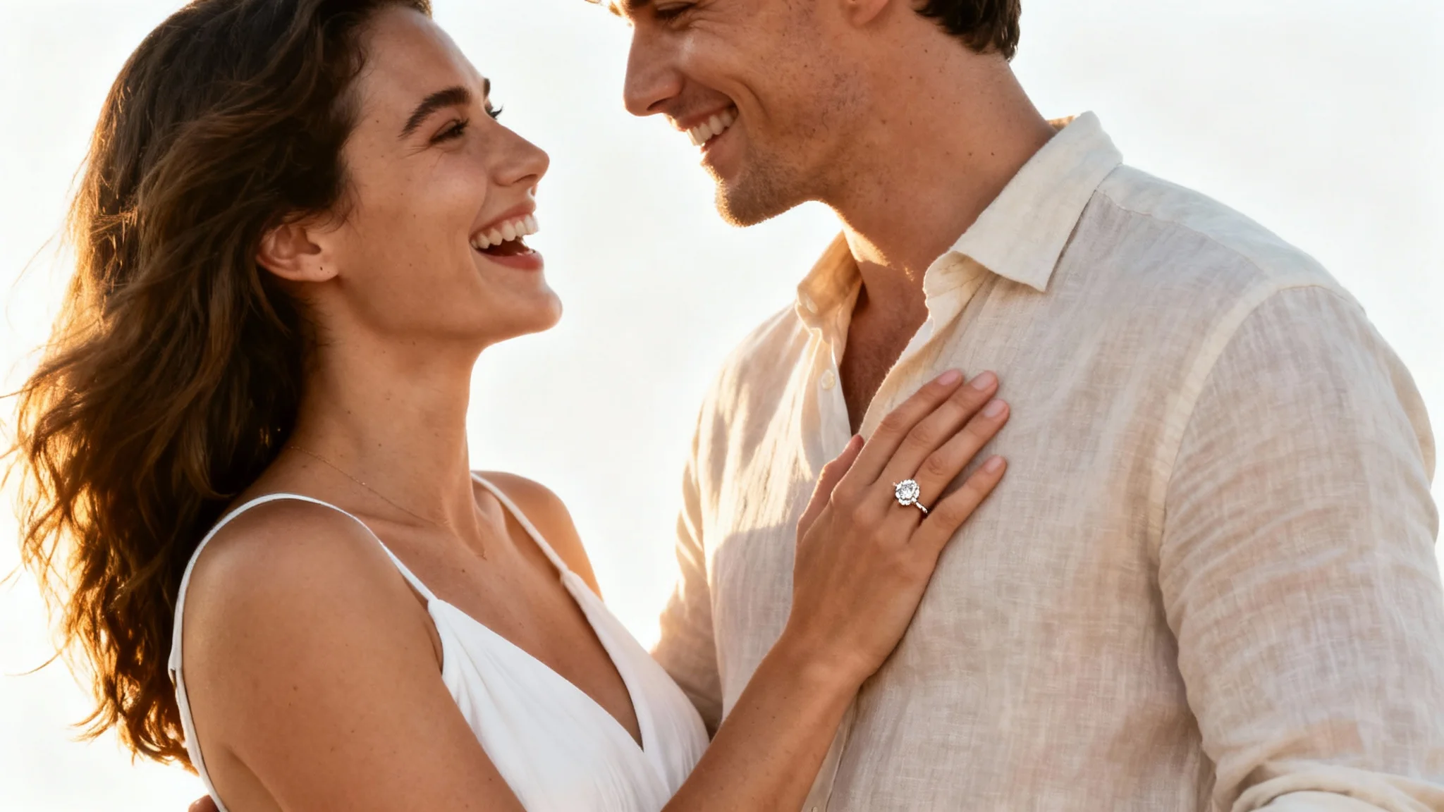 A beautiful engagement photo of a happy young couple embracing and laughing against a clean white background, with the woman's diamond ring visible.