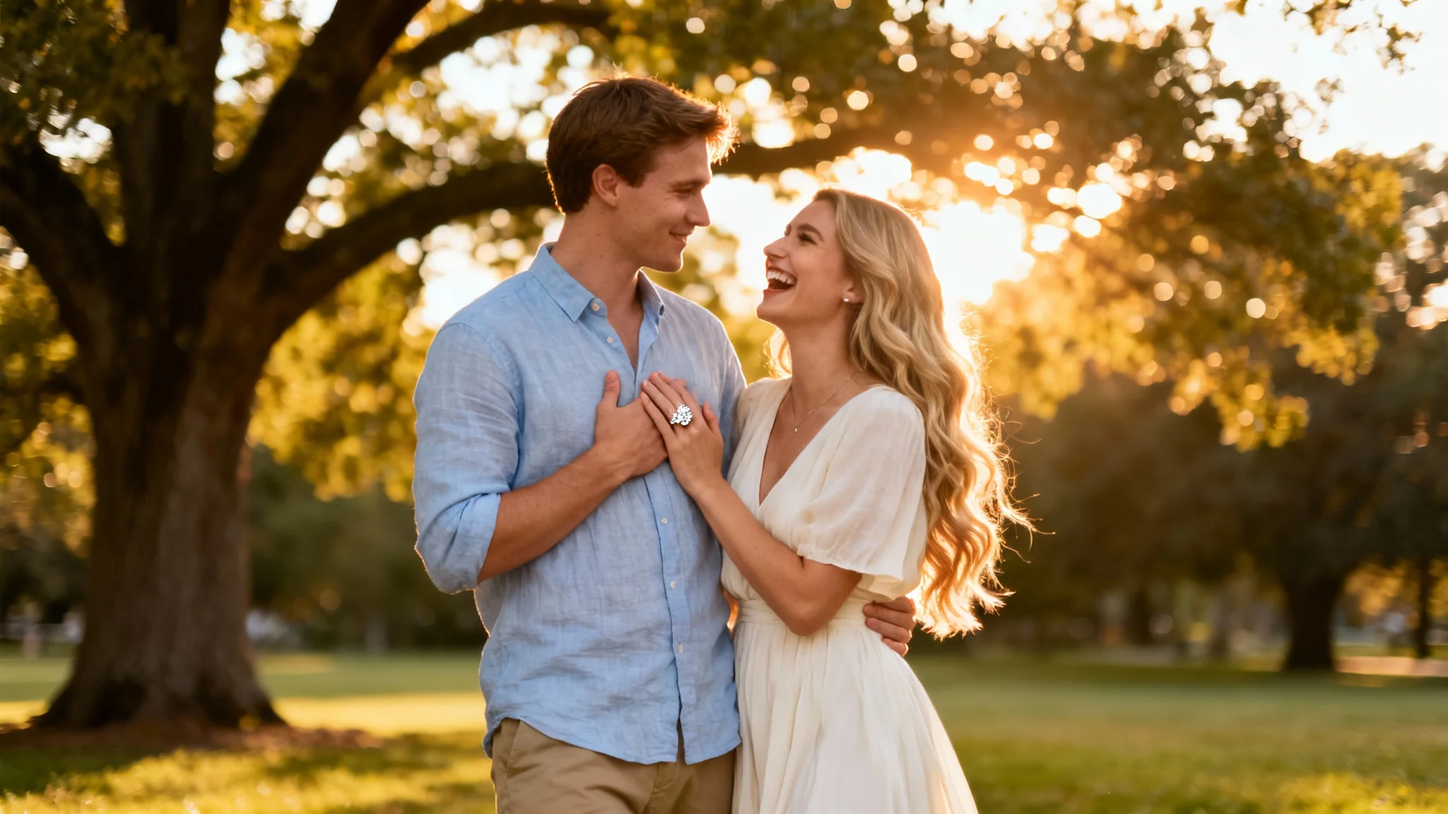 A professionally shot engagement photo of a happy couple in a park at sunset. The woman is showing off her diamond engagement ring while laughing with her fiancé.