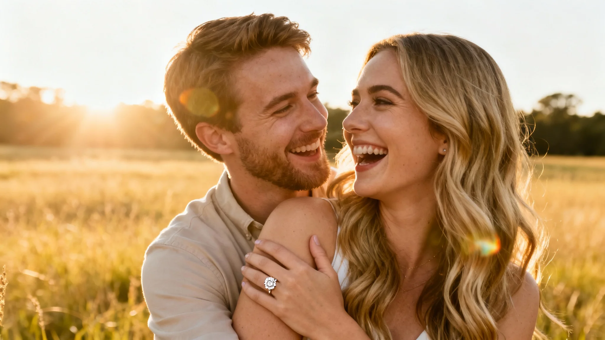 A romantic golden hour engagement photo of a laughing couple embracing in a sunlit field, with a close-up on the woman's sparkling diamond ring.