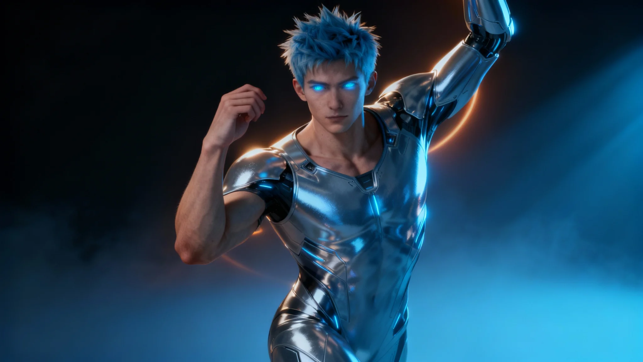 A stunning 3D render of a futuristic male character with blue hair and a silver suit, demonstrating professional character lighting with dramatic key lights, rim lights, and atmospheric effects.