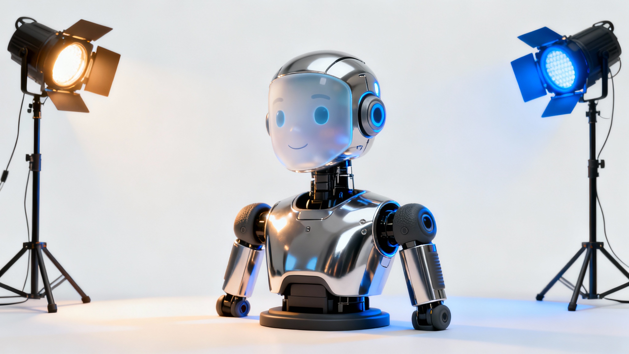 A 3D rendered bust of a stylized character, dramatically lit from multiple angles with warm, cool, and blue lights against a plain white background, showcasing advanced lighting techniques.