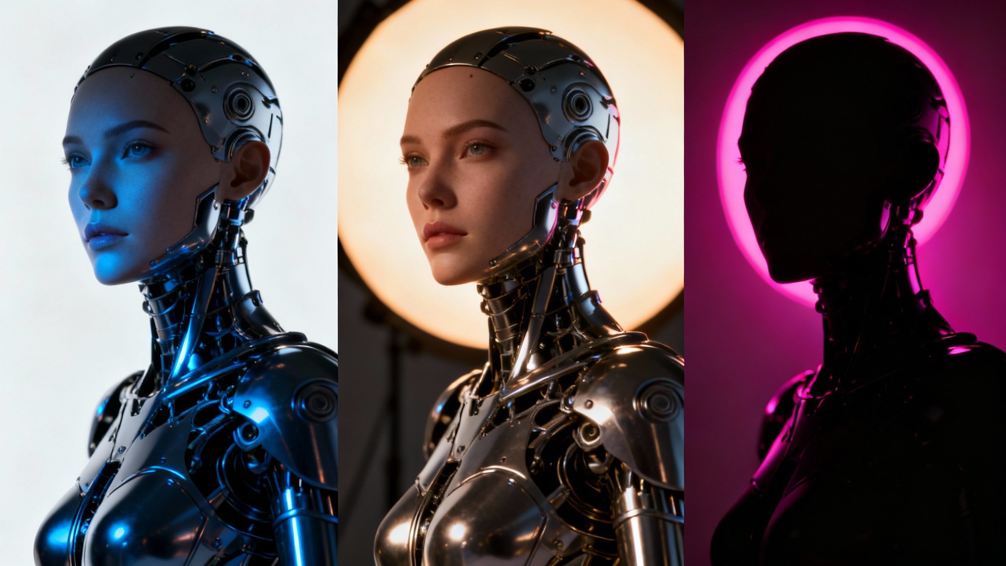 A three-panel showcase of 3D character lighting: the left shows dramatic blue side lighting, the center shows soft frontal lighting, and the right shows strong pink backlighting on a futuristic female character.