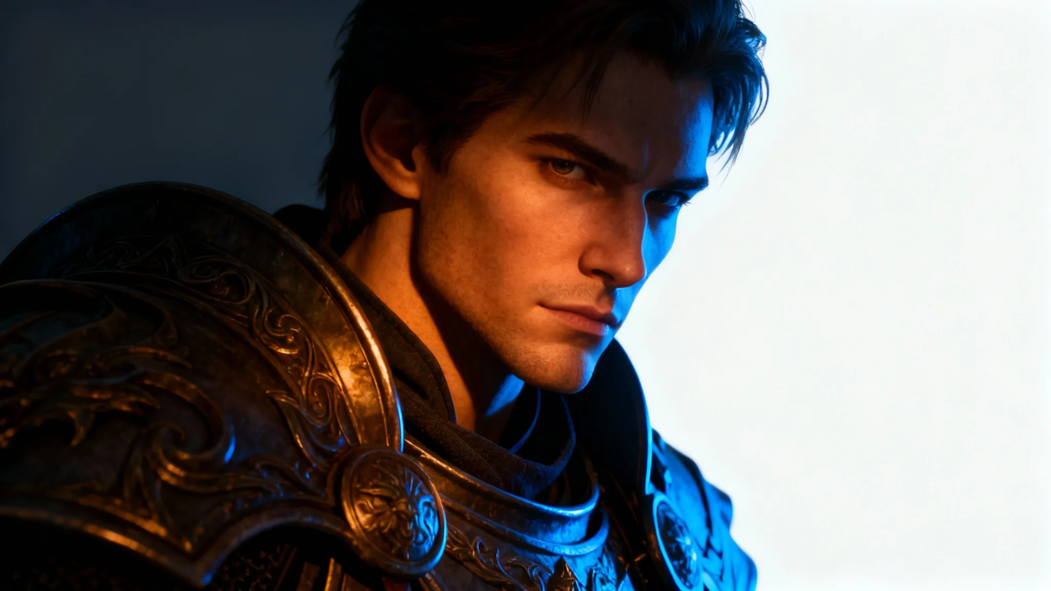 A 3D render of a fantasy warrior character demonstrating dramatic lighting techniques, with strong highlights and deep shadows cast across their face and armor against a plain white background.