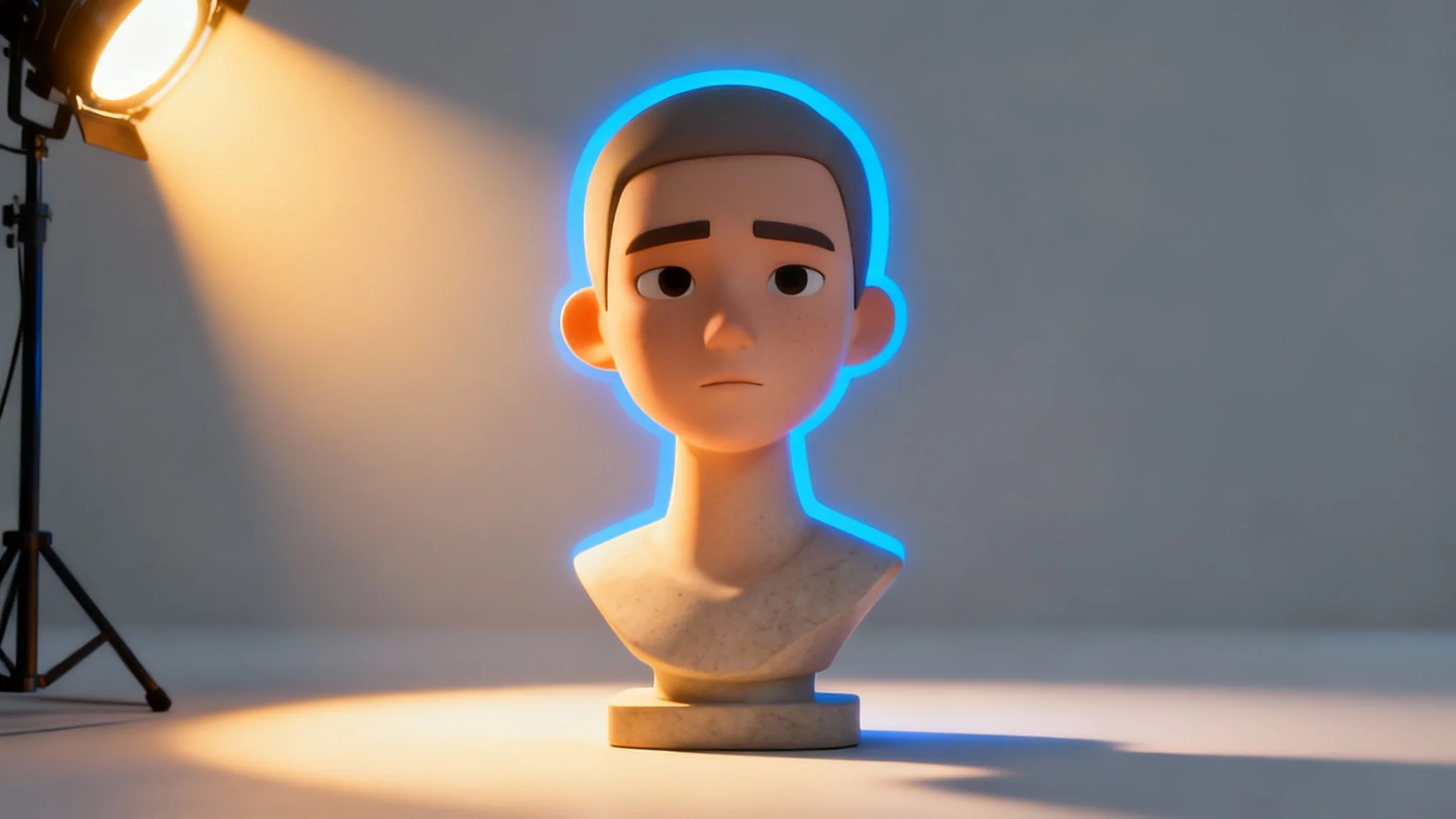 A 3D character bust dramatically lit from multiple angles with different colored lights to demonstrate advanced 3D lighting techniques against a plain studio background.