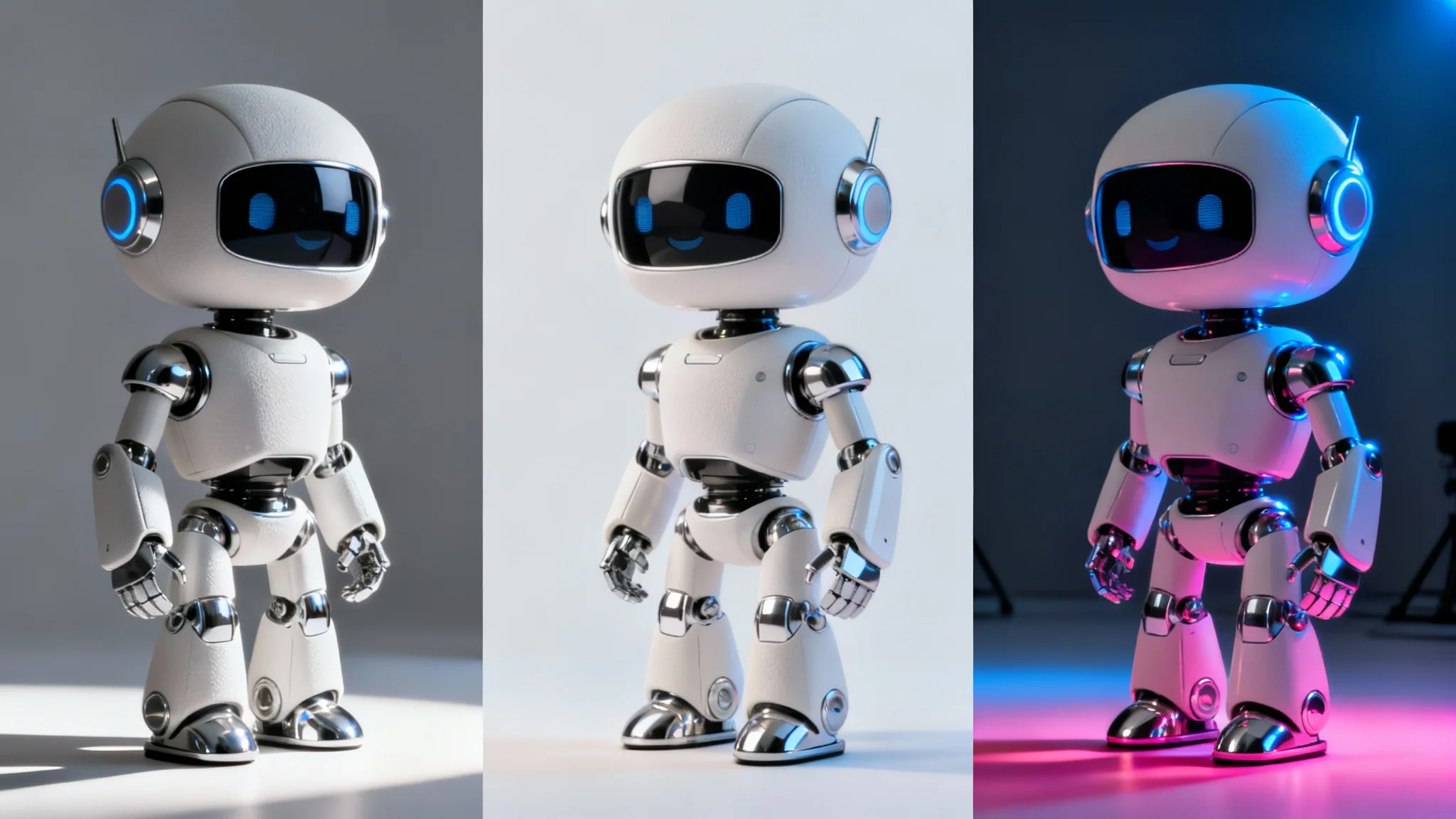 A 3D rendered robot shown with three different lighting styles to demonstrate 3D character lighting techniques: one with dramatic shadows, one with soft studio light, and one with colorful cinematic light, all on a clean white background.