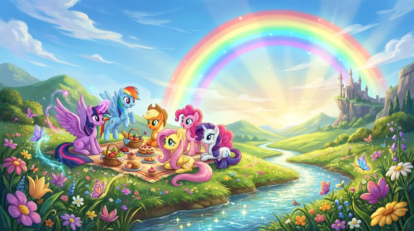 A beautiful digital painting in the style of My Little Pony, showing a group of colorful ponies having a picnic in a magical, sunny field with a large rainbow in the sky. The art is highly detailed and vibrant, representing a final piece of fan art.