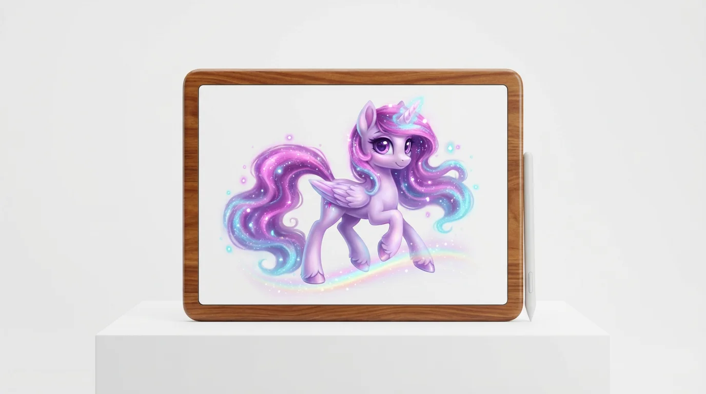 A digital painting of a My Little Pony-style character. The lavender pony has a sparkling pink and blue mane and is surrounded by magical glowing lights, presented on a clean white background.