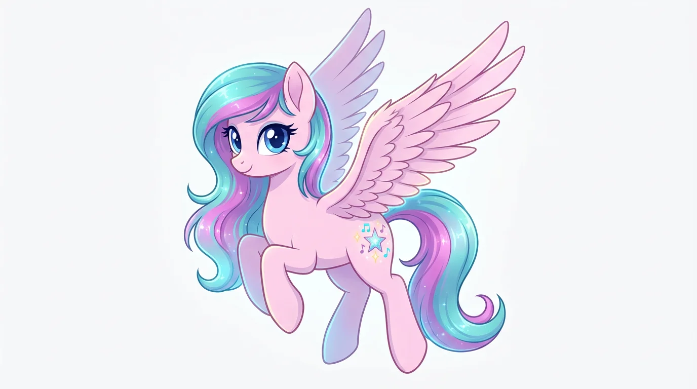 A digital art illustration of a pink My Little Pony pegasus with a turquoise and magenta mane, posing with wings spread against a clean white background.