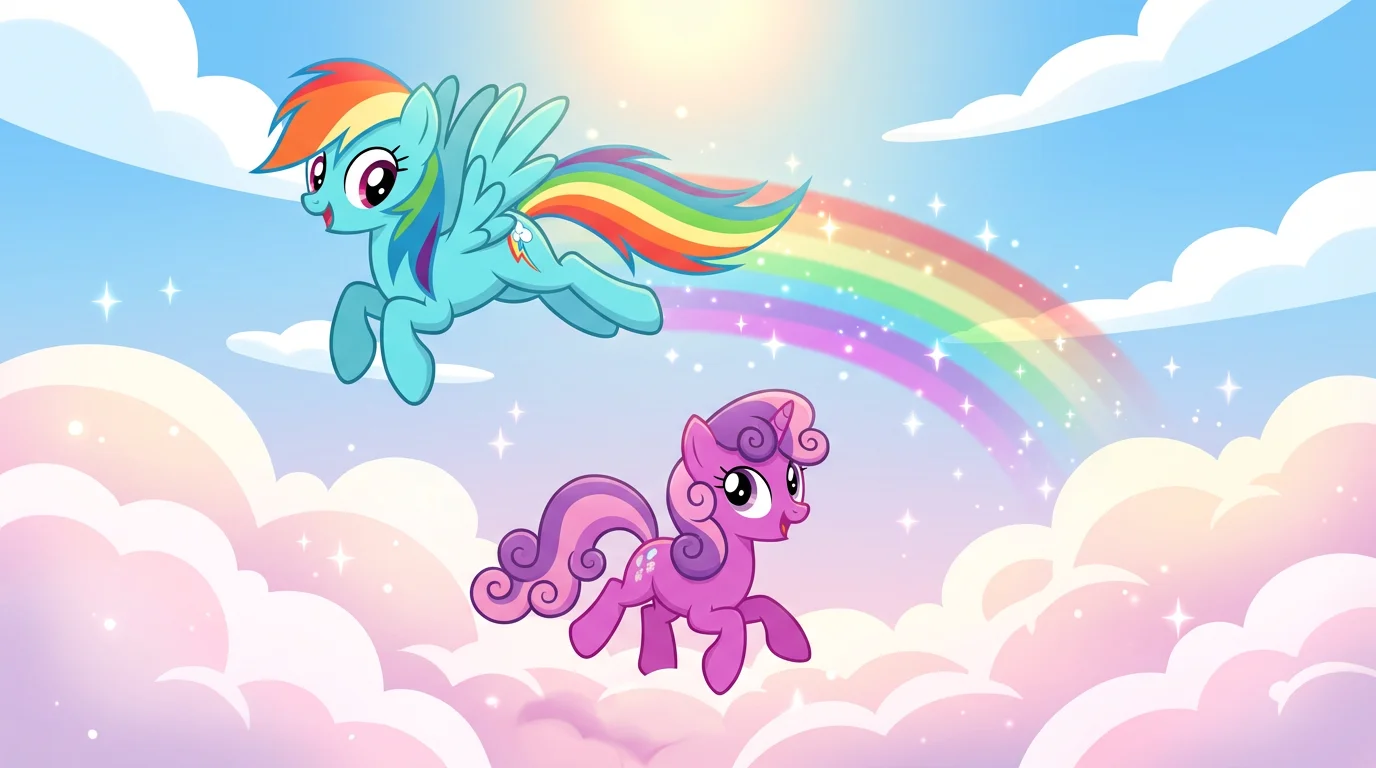 A high-quality digital illustration of two My Little Pony characters. A cyan pegasus with a rainbow mane flies through the sky, while a pink pony bounces on cotton-candy clouds.
