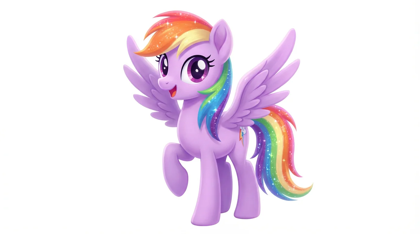 A digital art piece of a lavender-colored pegasus, in the style of My Little Pony, with a flowing rainbow mane and tail, posing joyfully against a white background.