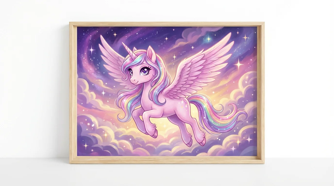 A vibrant digital painting of a magical flying pony with a rainbow mane and feathered wings, set against a twilight sky. The art is presented as a mockup on a clean white background.