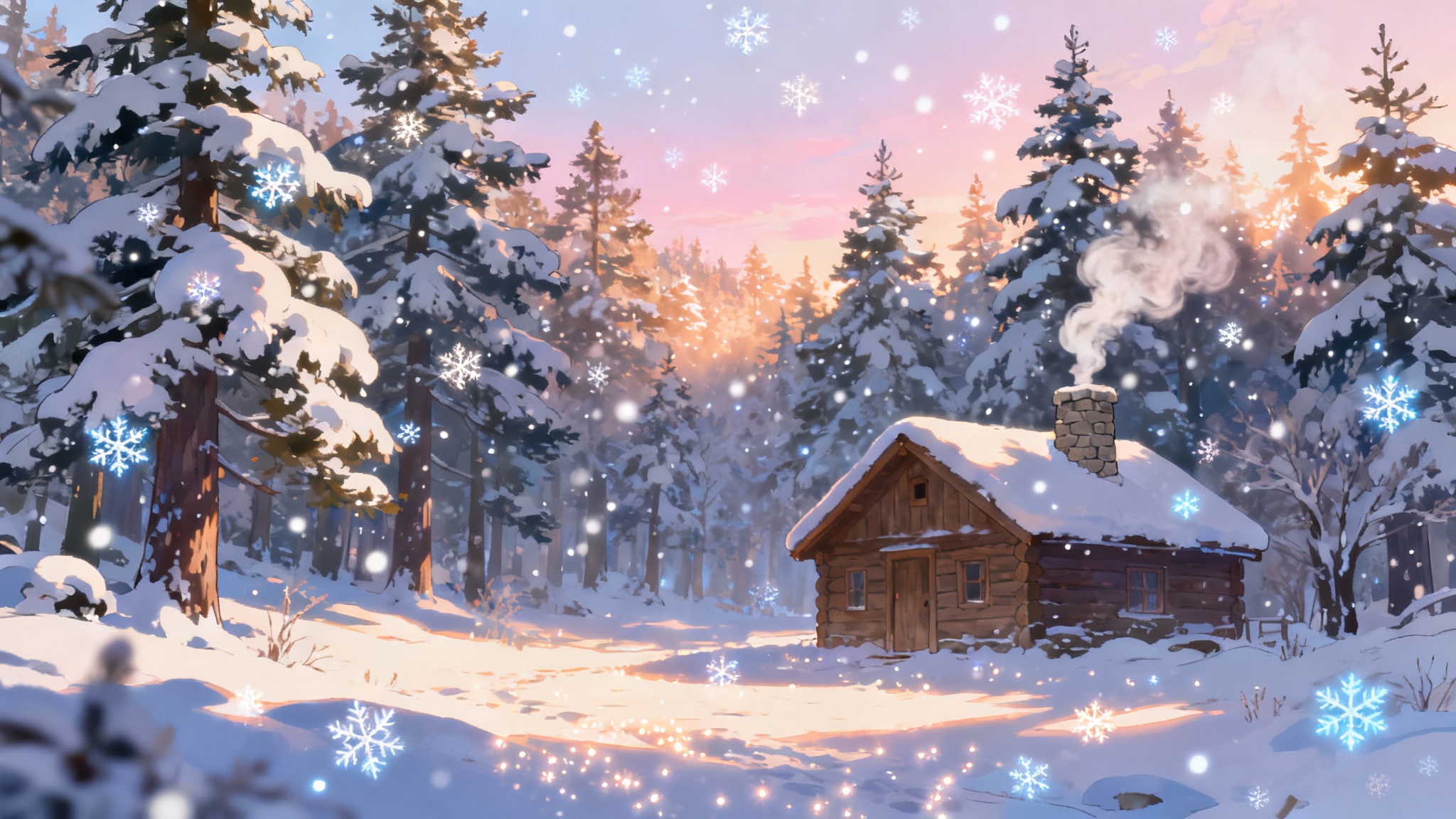 A beautiful anime background art of a cozy cabin in a serene, snow-covered forest during a gentle snowfall, in a wide 16:9 format.