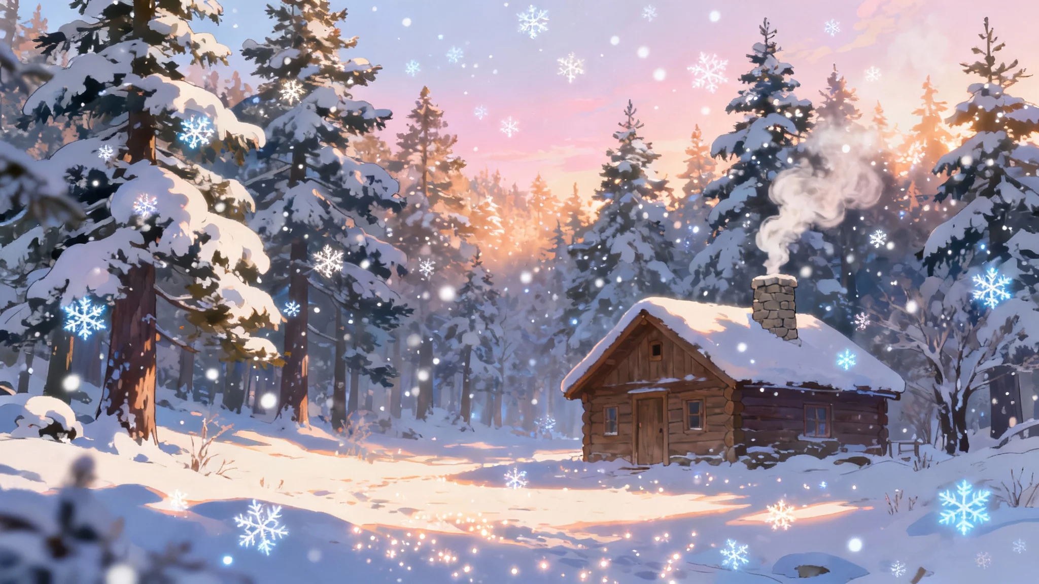 A beautiful anime background art of a cozy cabin in a serene, snow-covered forest during a gentle snowfall, in a wide 16:9 format.