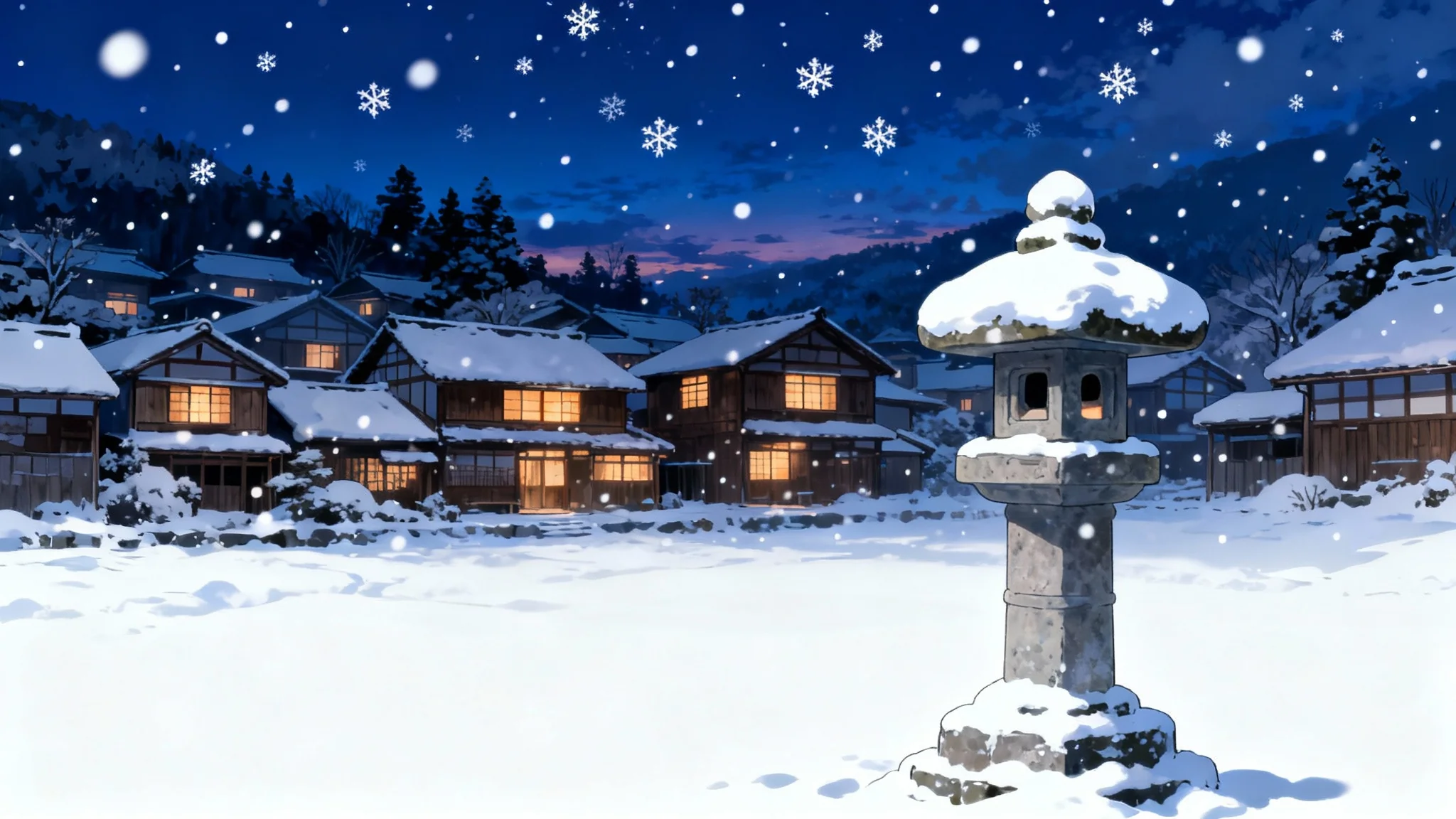 A tranquil anime-style illustration of a Japanese village blanketed in snow at dusk. Warm light shines from the windows, and gentle snowflakes fall from the sky.