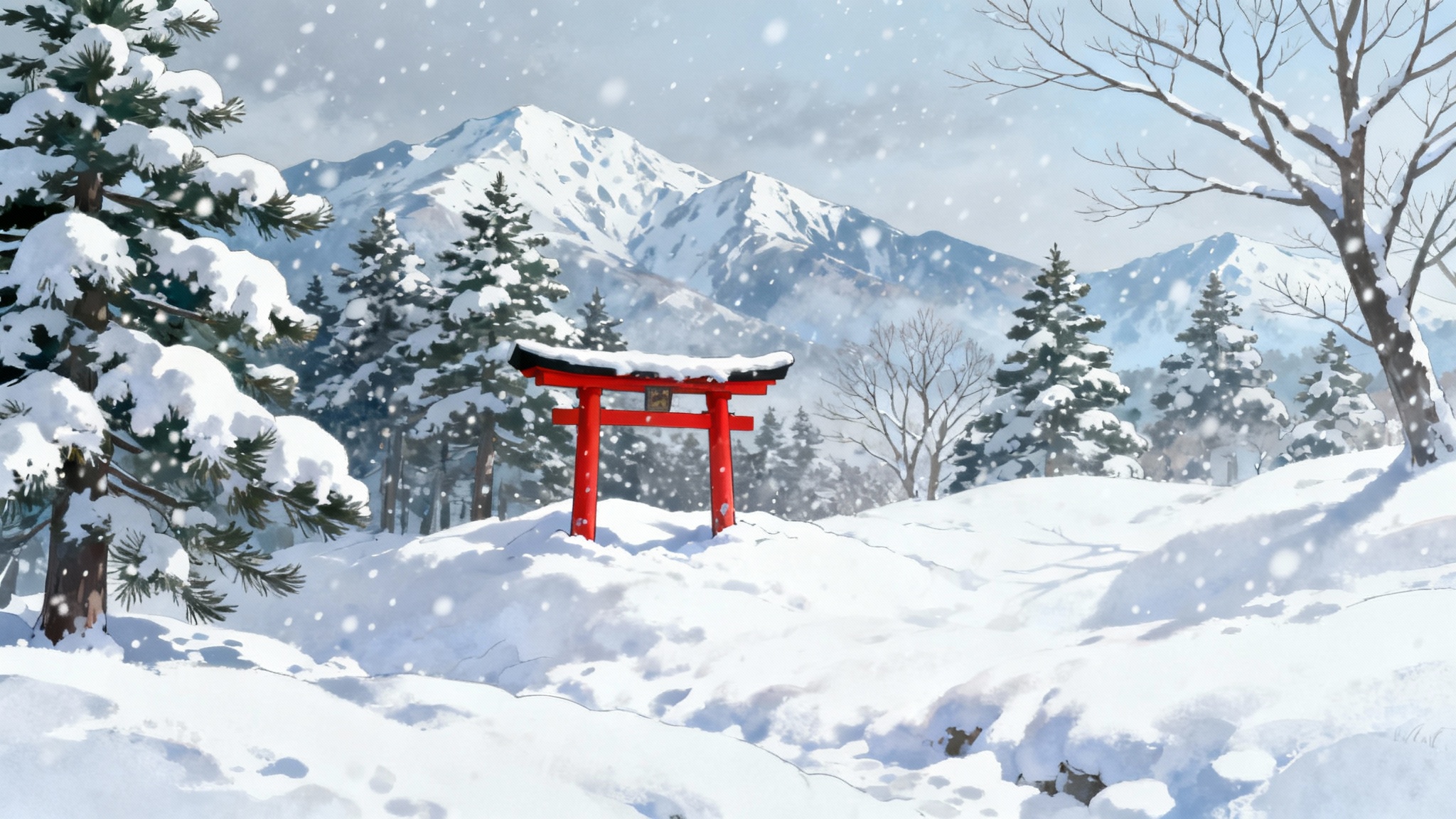 An anime-style illustration of a peaceful, snowy landscape featuring a traditional red torii gate half-buried in snow, with snow-covered trees and distant mountains.
