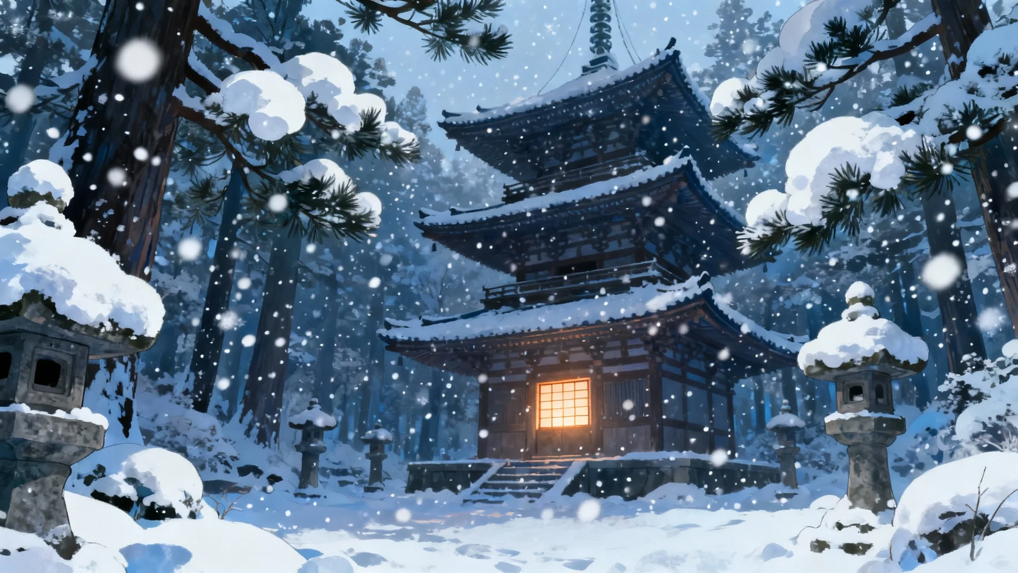 A serene anime-style winter scene featuring a Japanese temple pagoda covered in a thick blanket of snow, with soft snowflakes falling in a quiet forest.