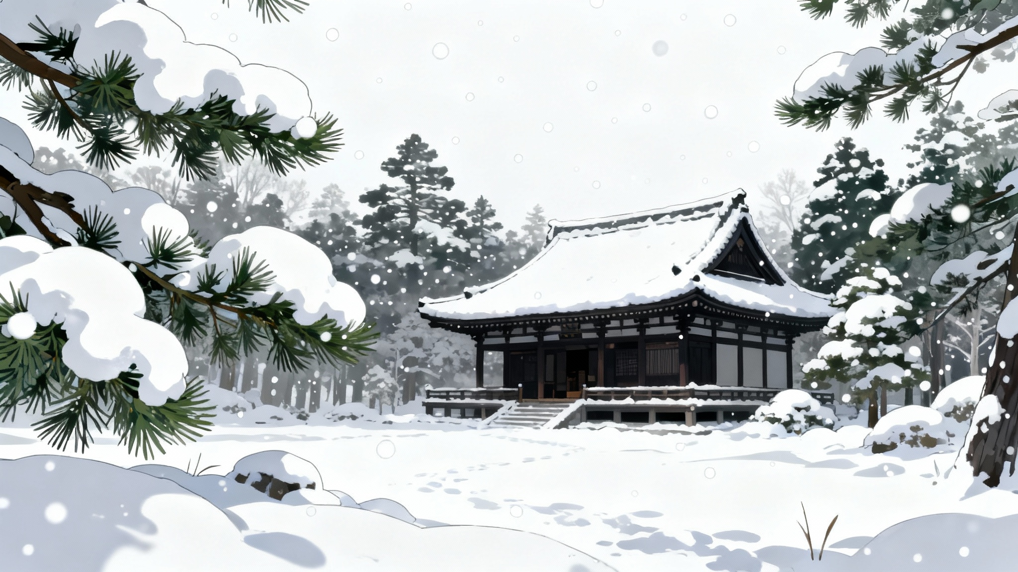 A serene anime-style winter scene showing a traditional Japanese temple covered in snow, with snowflakes gently falling in a quiet forest.