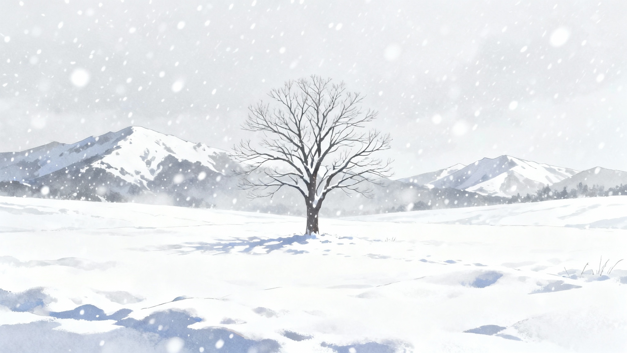 An anime-style illustration of a serene winter scene, featuring a lone tree in a field of deep snow with distant mountains under a snowy sky.