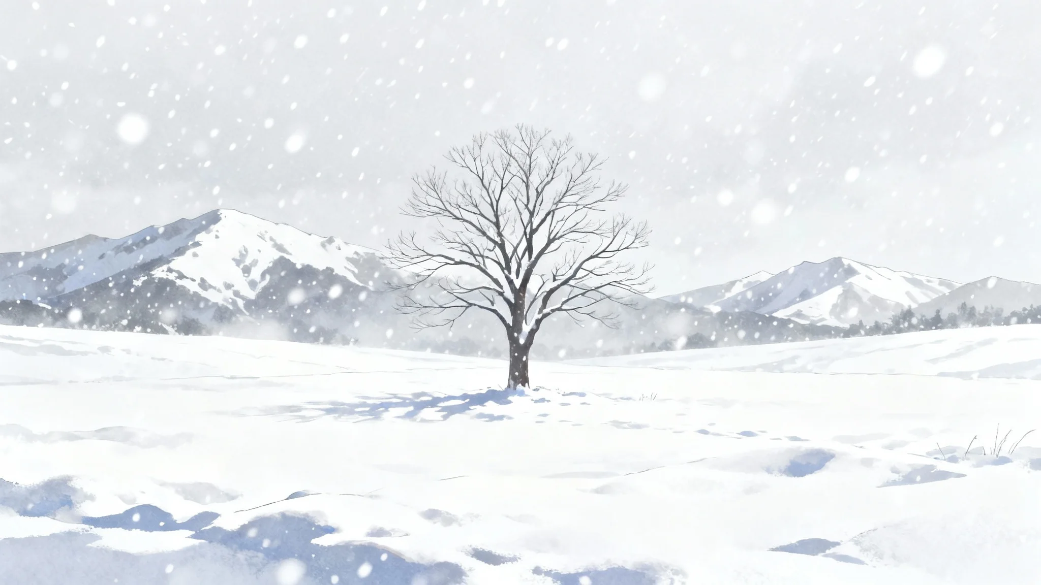 An anime-style illustration of a serene winter scene, featuring a lone tree in a field of deep snow with distant mountains under a snowy sky.