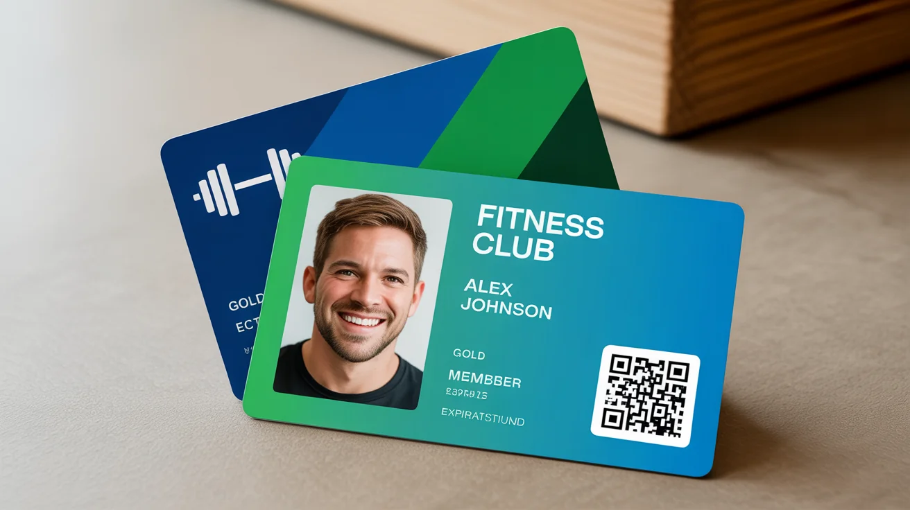 A hero image displaying two polished and modern membership cards for a 'Fitness Club', featuring a photo, member name, and a sophisticated blue and green design, representing the final output of a design template.