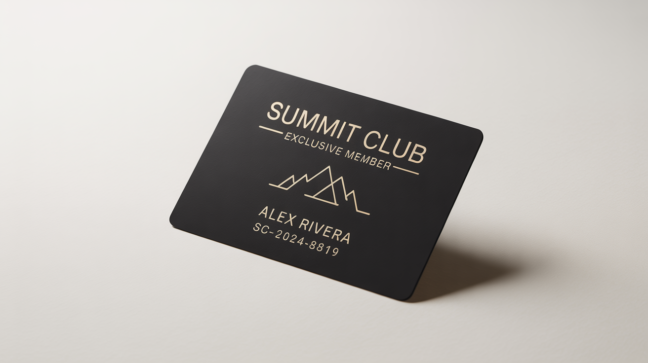A photorealistic mockup of an exclusive black and gold membership card for the 'Summit Club', displayed at an angle on a plain white background.