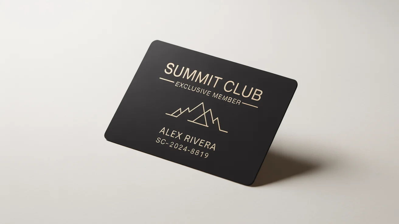 A photorealistic mockup of an exclusive black and gold membership card for the 'Summit Club', displayed at an angle on a plain white background.