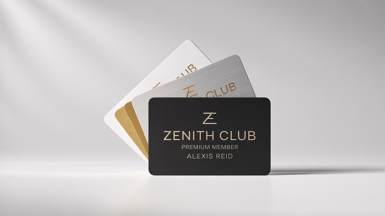 A professional mockup of three luxury membership cards for the 'Zenith Club' in black, white, and gold, arranged on a clean white background.
