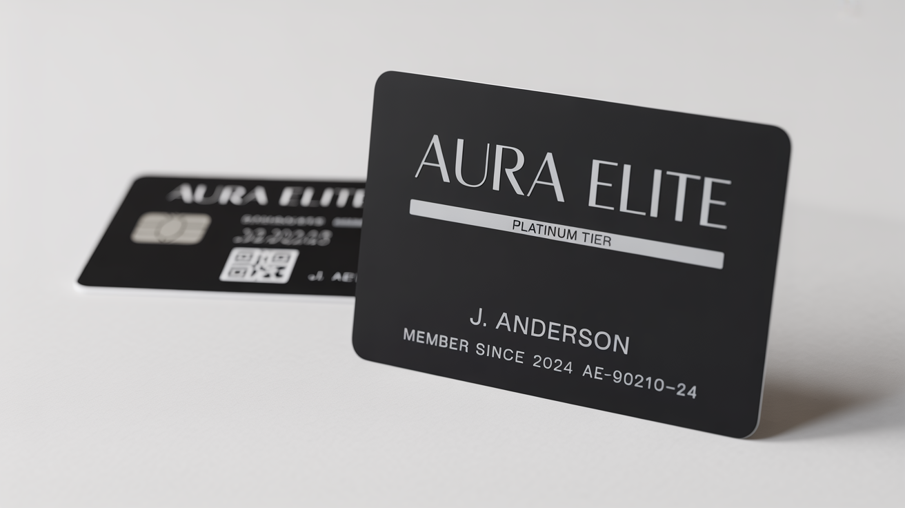 A photorealistic mockup of a sleek black platinum membership card for 'Aura Elite', with silver lettering, resting on a clean white surface.