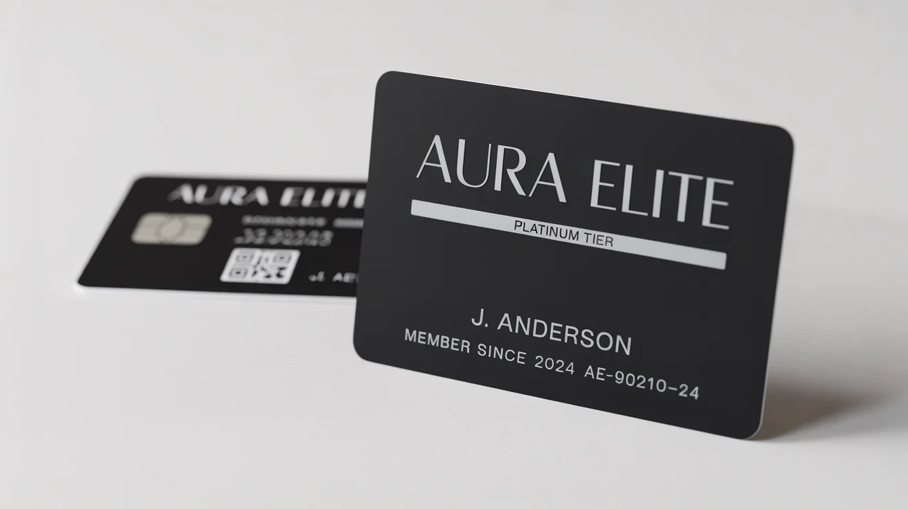 A photorealistic mockup of a sleek black platinum membership card for 'Aura Elite', with silver lettering, resting on a clean white surface.
