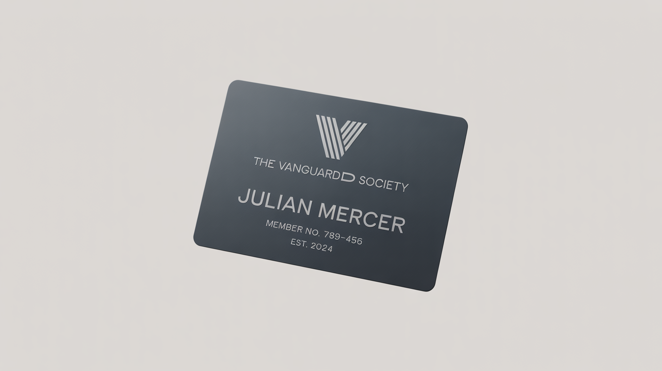 A modern, professional mockup of a dark charcoal gray membership card for 'The Vanguard Society', featuring silver foil text and a logo, displayed on a clean white background.
