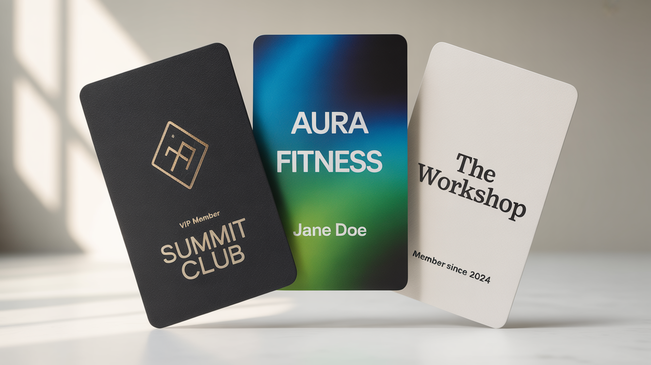 A mockup of three different styles of membership cards, a premium black and gold card, a vibrant colorful fitness card, and a minimalist white card arranged on a white background.