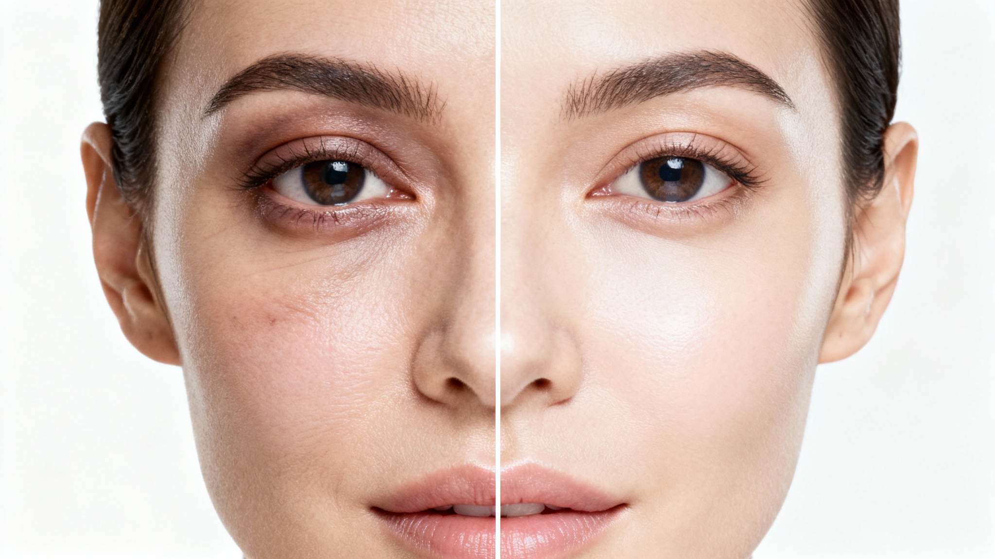 A close-up before-and-after image demonstrating an eye bag remover. The left side shows an eye with puffiness and dark circles, and the right side shows the same eye looking smooth and refreshed.
