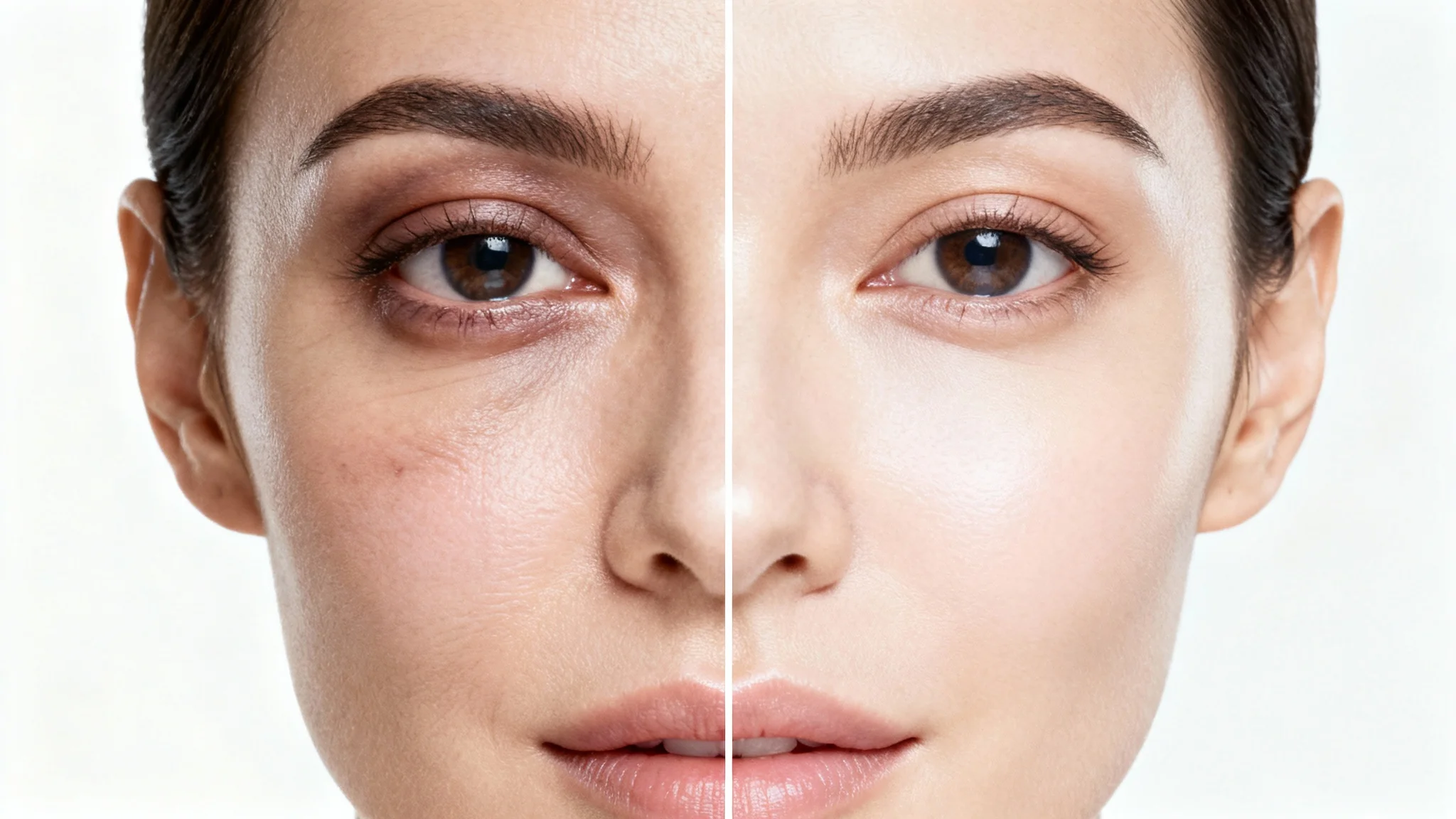 A close-up before-and-after image demonstrating an eye bag remover. The left side shows an eye with puffiness and dark circles, and the right side shows the same eye looking smooth and refreshed.