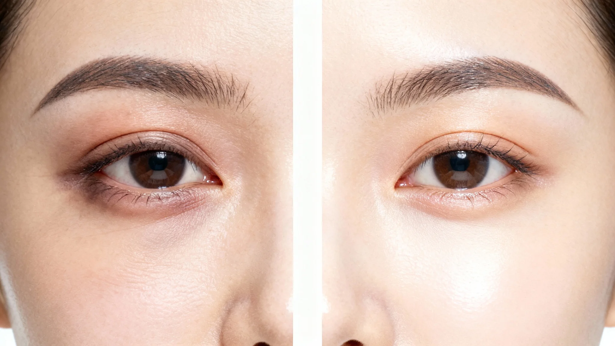A photorealistic split-screen close-up of a woman's eye, illustrating the effect of an eye bag remover. The 'before' side shows a tired eye with bags and dark circles, while the 'after' side shows a refreshed and smooth under-eye area.