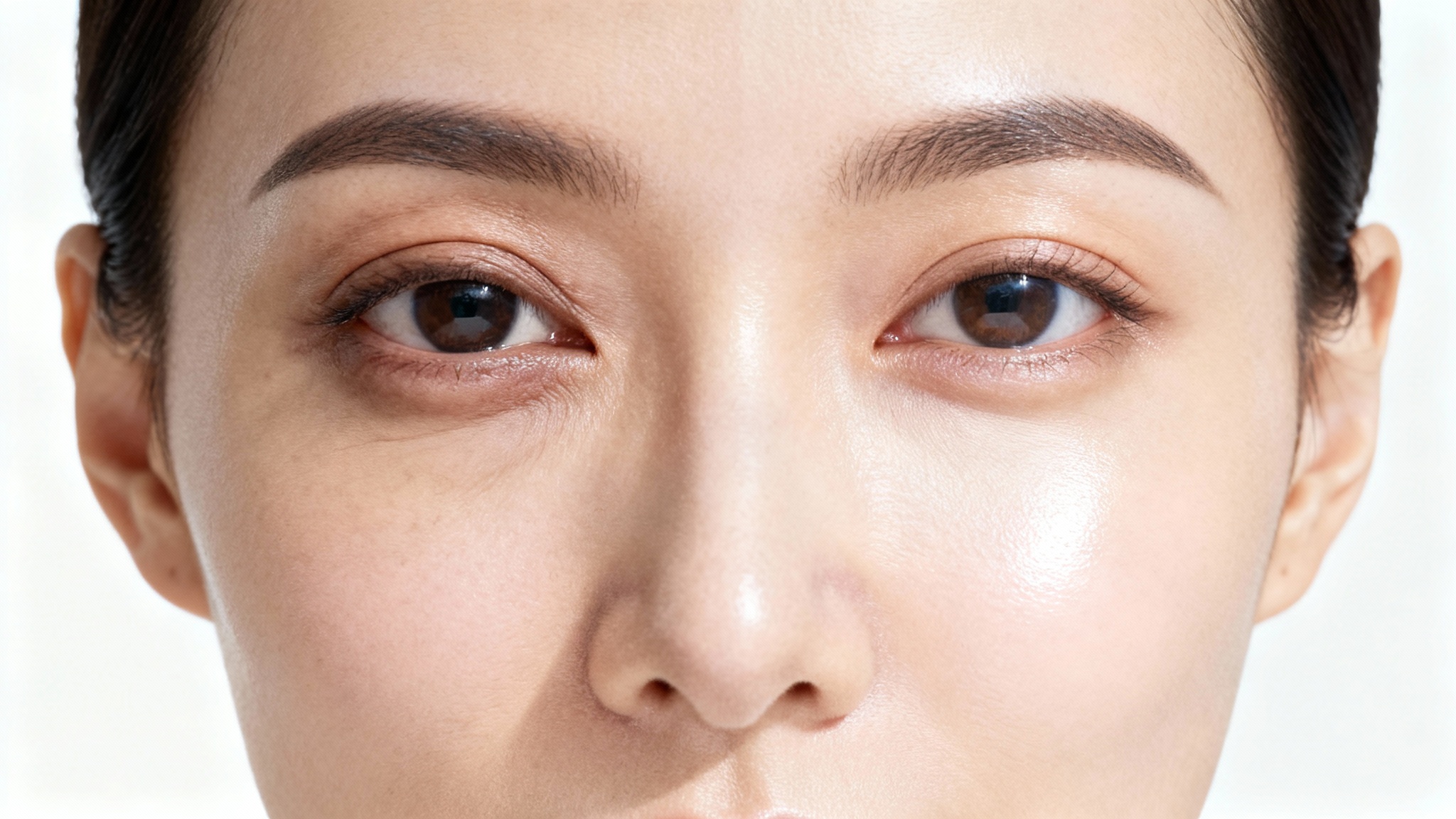 Close-up of a woman's eyes showing a before-and-after effect of an eye bag remover. One eye is puffy and tired-looking, while the other is smooth and refreshed.