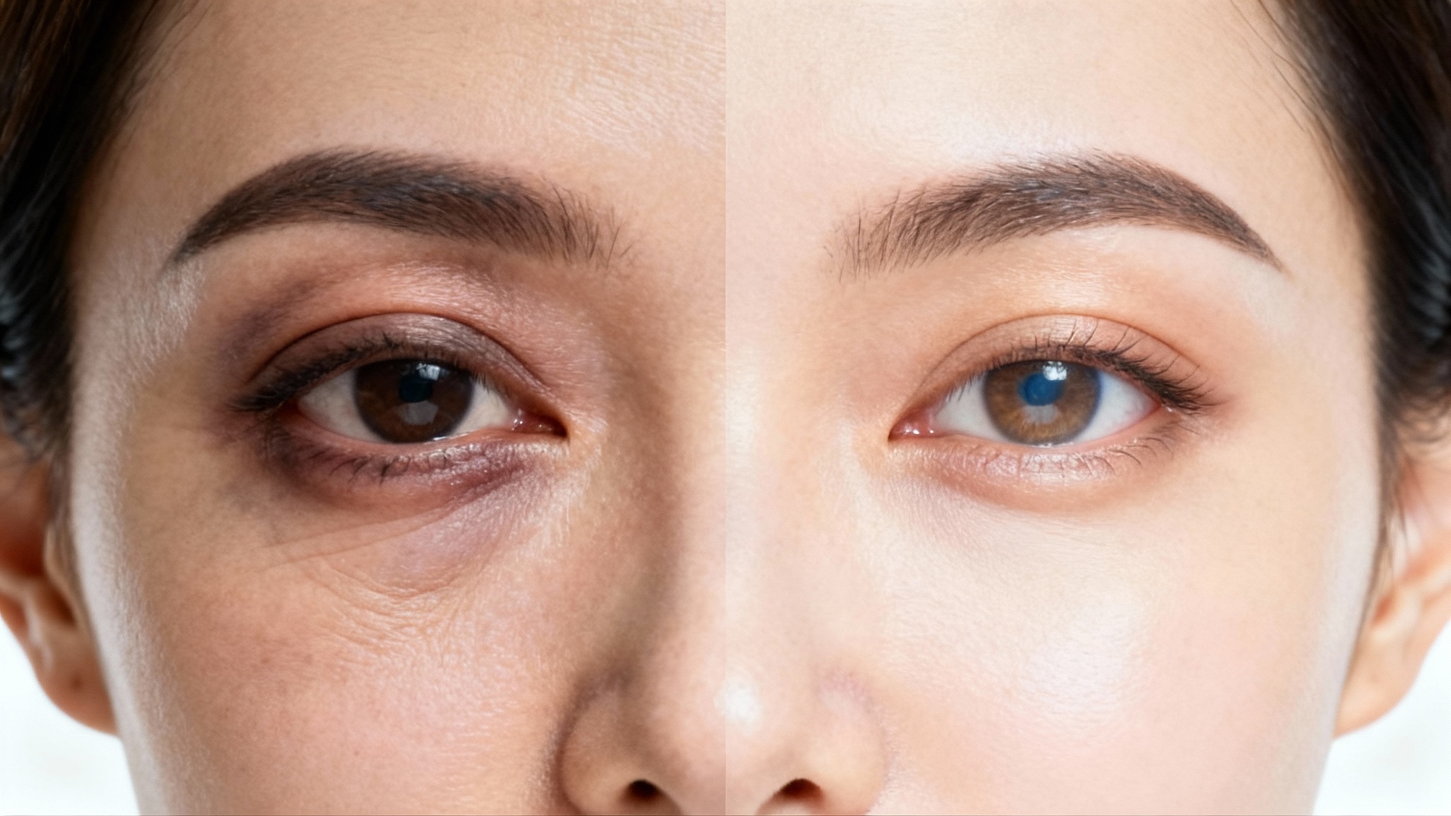 A close-up split-screen image showing the before and after effects of an eye bag remover. The left side of the face shows a tired eye with a puffy eye bag, while the right side shows a refreshed, smooth under-eye area.