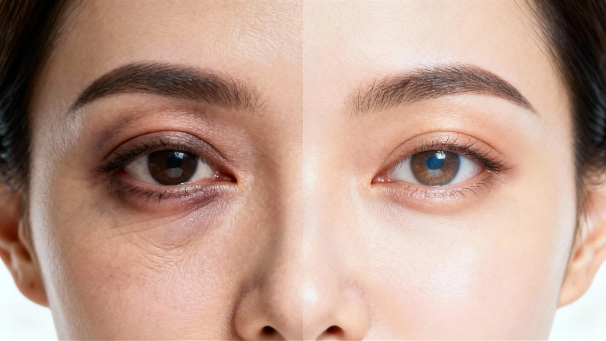 A close-up split-screen image showing the before and after effects of an eye bag remover. The left side of the face shows a tired eye with a puffy eye bag, while the right side shows a refreshed, smooth under-eye area.