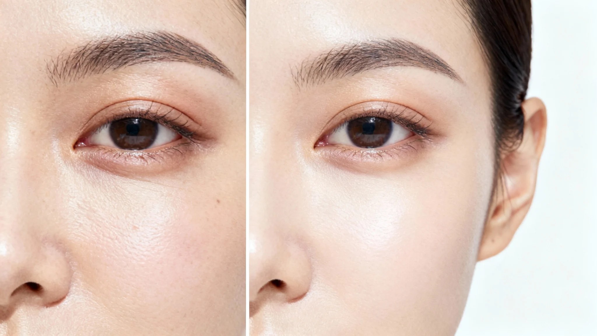A close-up before-and-after image showing the effectiveness of an eye bag remover. The left half of the image displays an eye with puffiness and dark circles, while the right half shows the same eye looking smooth and rejuvenated.