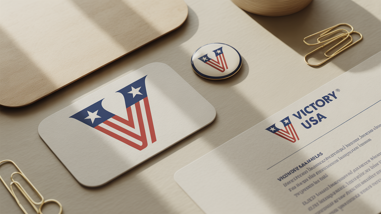 A professional mockup displaying branding materials like a business card and letterhead, all featuring a patriotic logo of the letter 'V' designed to look like the American flag.