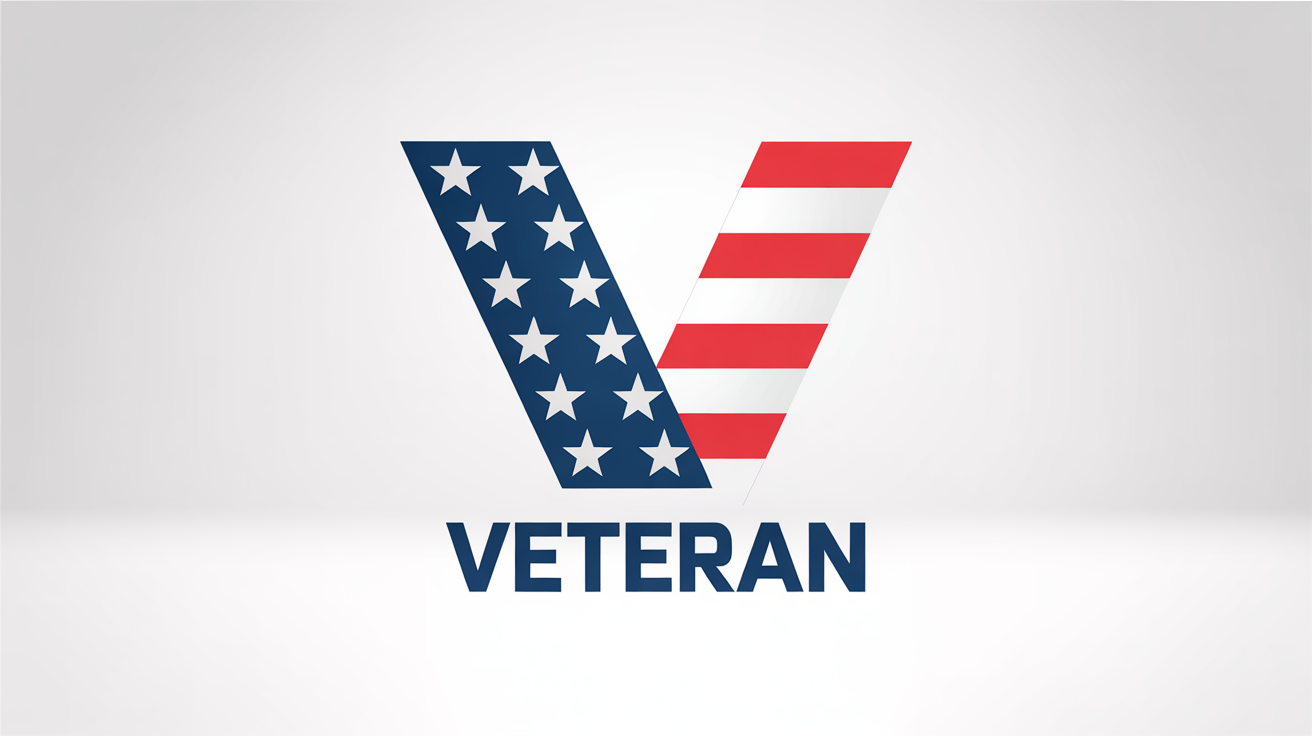 A patriotic logo design featuring the letter 'V' stylized with the American flag's stars and stripes. The word 'VETERAN' is written underneath on a white background.