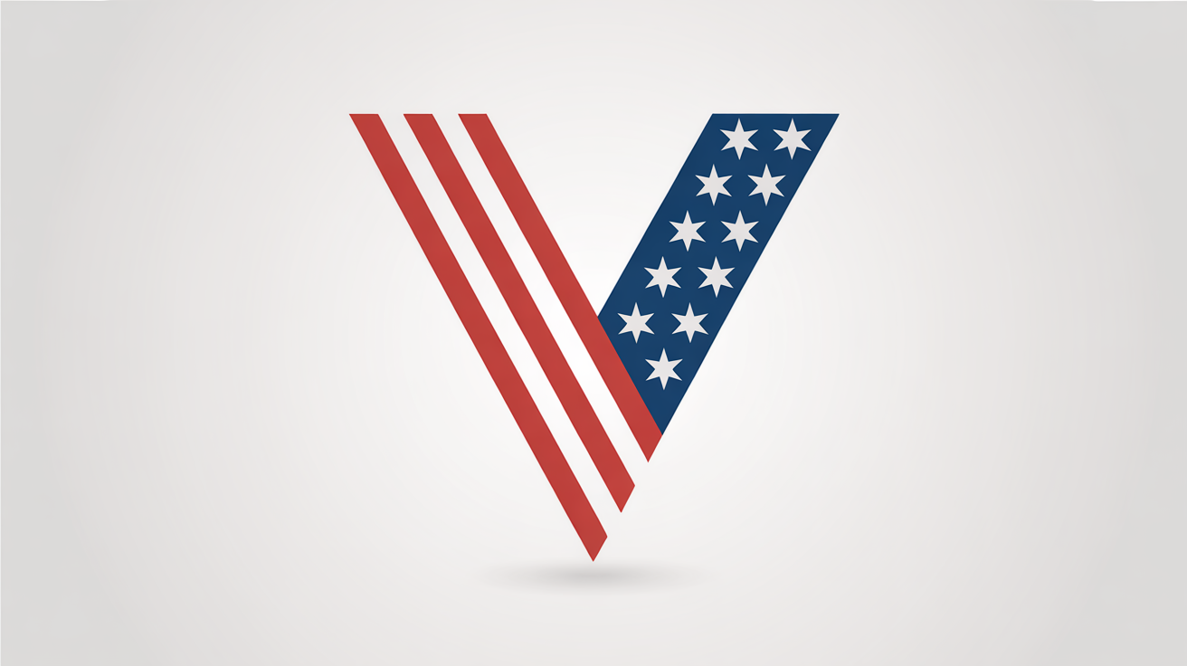 A patriotic-themed logo of the letter 'V' on a white background. The left side has red and white stripes, and the right side is blue with white stars, evoking the American flag.