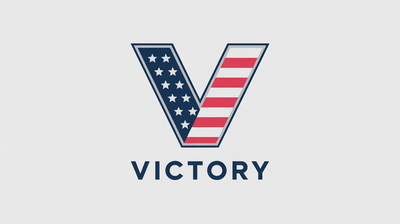 A patriotic 'V' logo mockup on a white background. The left side of the V is blue with white stars, and the right side has red and white stripes. The word 'VICTORY' is centered below the logo.