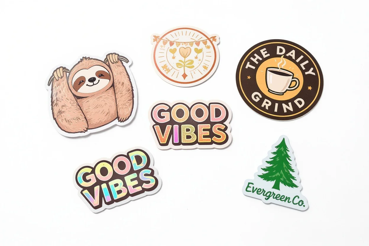 An assortment of colorful, custom die-cut vinyl stickers with diverse designs, including a cartoon sloth, a fictional coffee shop logo, and motivational text, displayed on a white background.