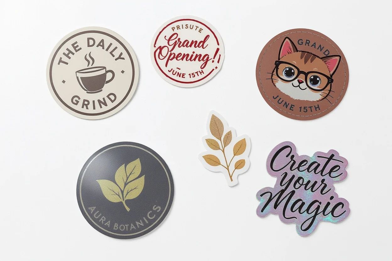 An assortment of custom die-cut stickers scattered on a white surface, featuring a coffee shop logo, a promotional sticker, a cute cartoon cat, a botanical brand logo, and a holographic motivational quote.