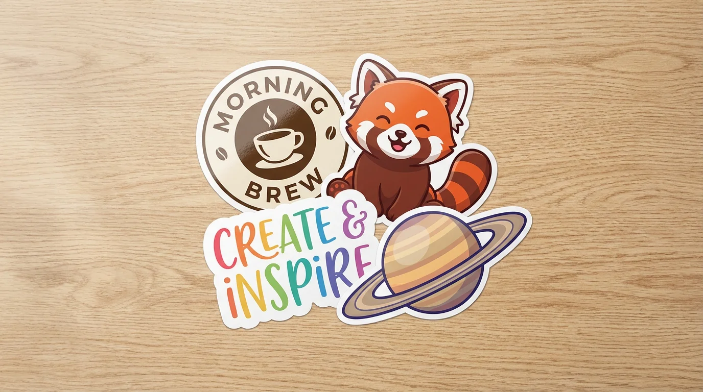 A collection of four glossy, die-cut custom stickers scattered on a light wooden table. The stickers show a coffee cup logo, a cartoon red panda, the words 'CREATE & INSPIRE', and a planet.