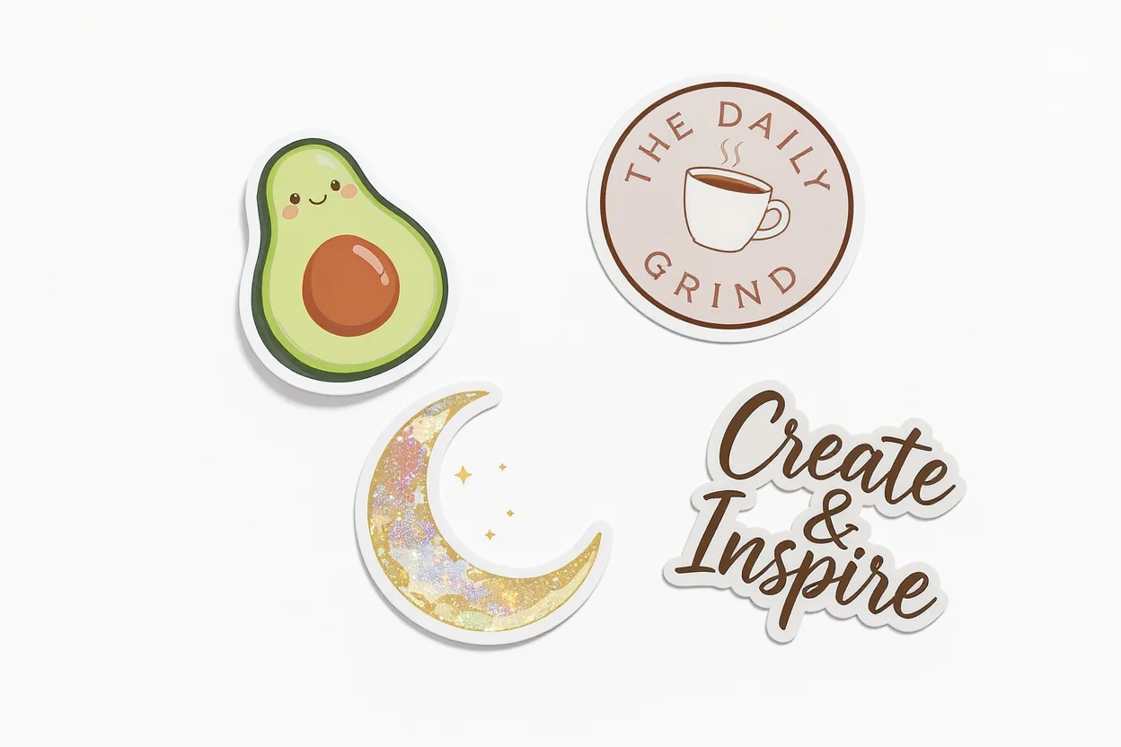 A colorful collection of custom-designed die-cut stickers arranged on a white surface. The stickers include a cartoon avocado, a coffee shop logo for 'The Daily Grind', a holographic moon, and a sticker with the text 'Create & Inspire'.