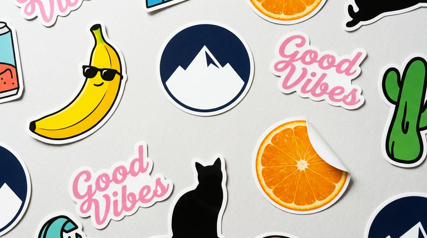 A collection of colorful custom-designed vinyl stickers arranged on a gray surface, including a cartoon banana, a mountain logo, and a sticker being peeled from its backing.